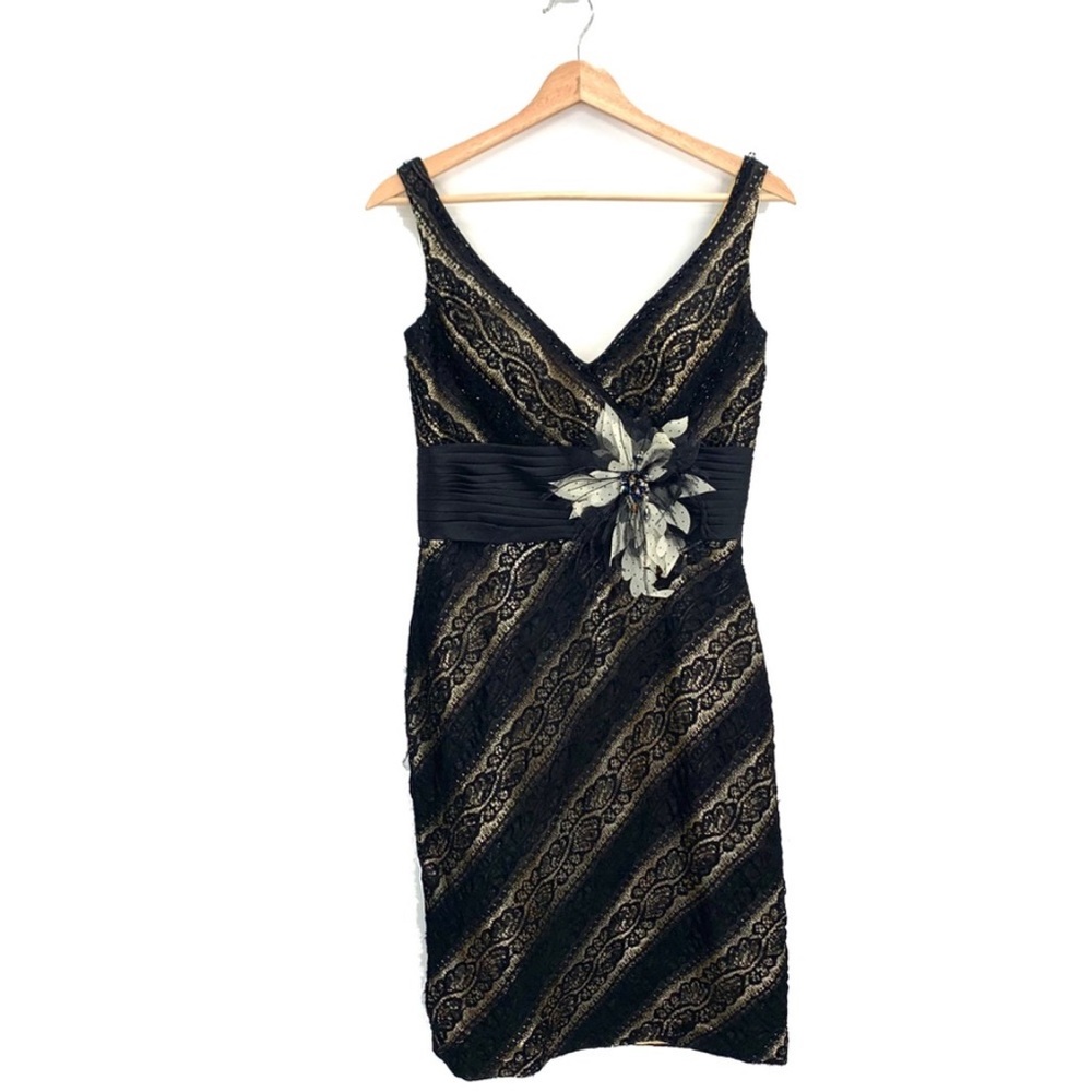 Social Occasions Mon Cheri Black Lace Over Gold Satin Beaded Cocktail Dress Sz 6